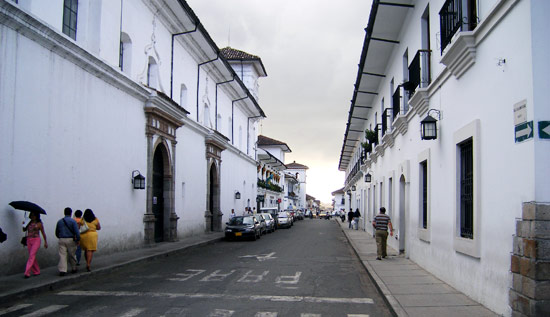 A Popayan street lined by whitewashed buildings