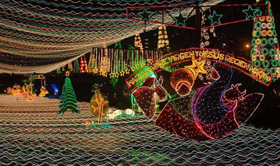 Christmas lights hung across the Medellin River