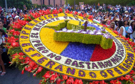 A politically-themed 'Silleta' on display during the Flower Parade in Medellin