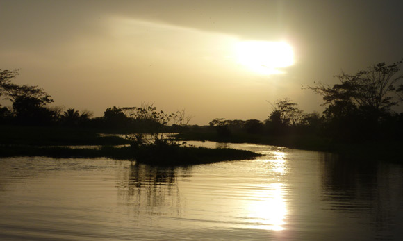 Spectacular sunset over swamp near Mompox
